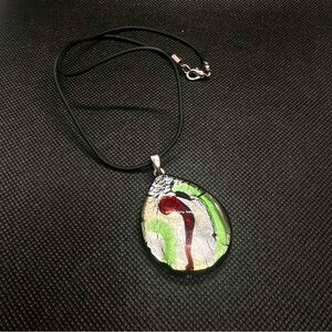 Italian Murano Glass Pendant Necklace Leather Like Chain Red Green Glitter‎